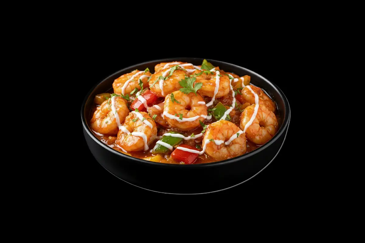 Samundari Chingri Bahar — Tandoori king prawns cooked with added seafood in chef's own recipe made from vine tomato sauce and