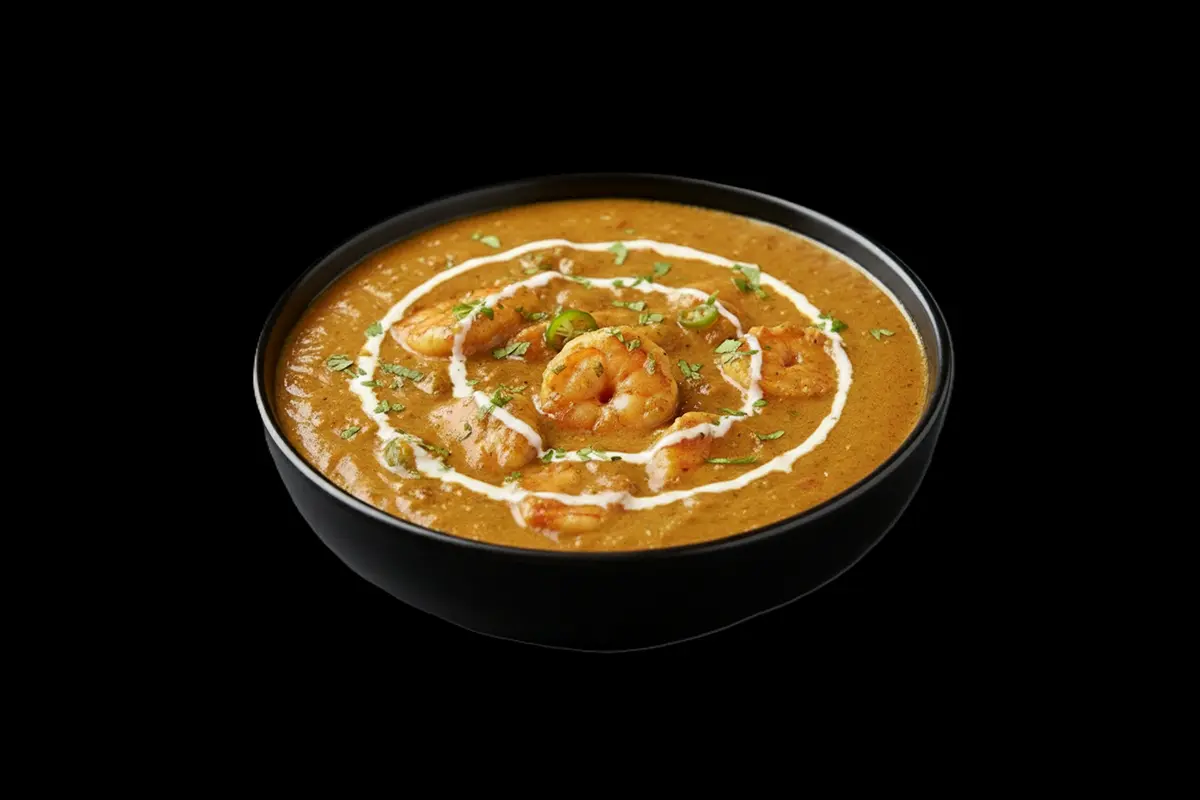 Prawn Korma — Prawn cooked with cream, massala sauce, dried fruits in a mild flavored sauce, GB Canteen Buckhurst Hill