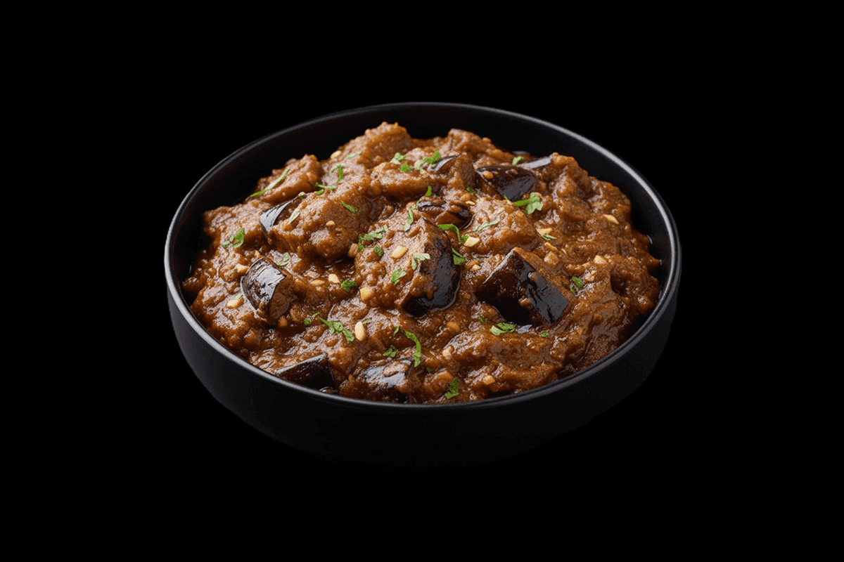 Ennai Kathirikai — Baby aubergines cooked in a homemade paste with nuts, coconut and tamarind, GB Canteen Basingstoke