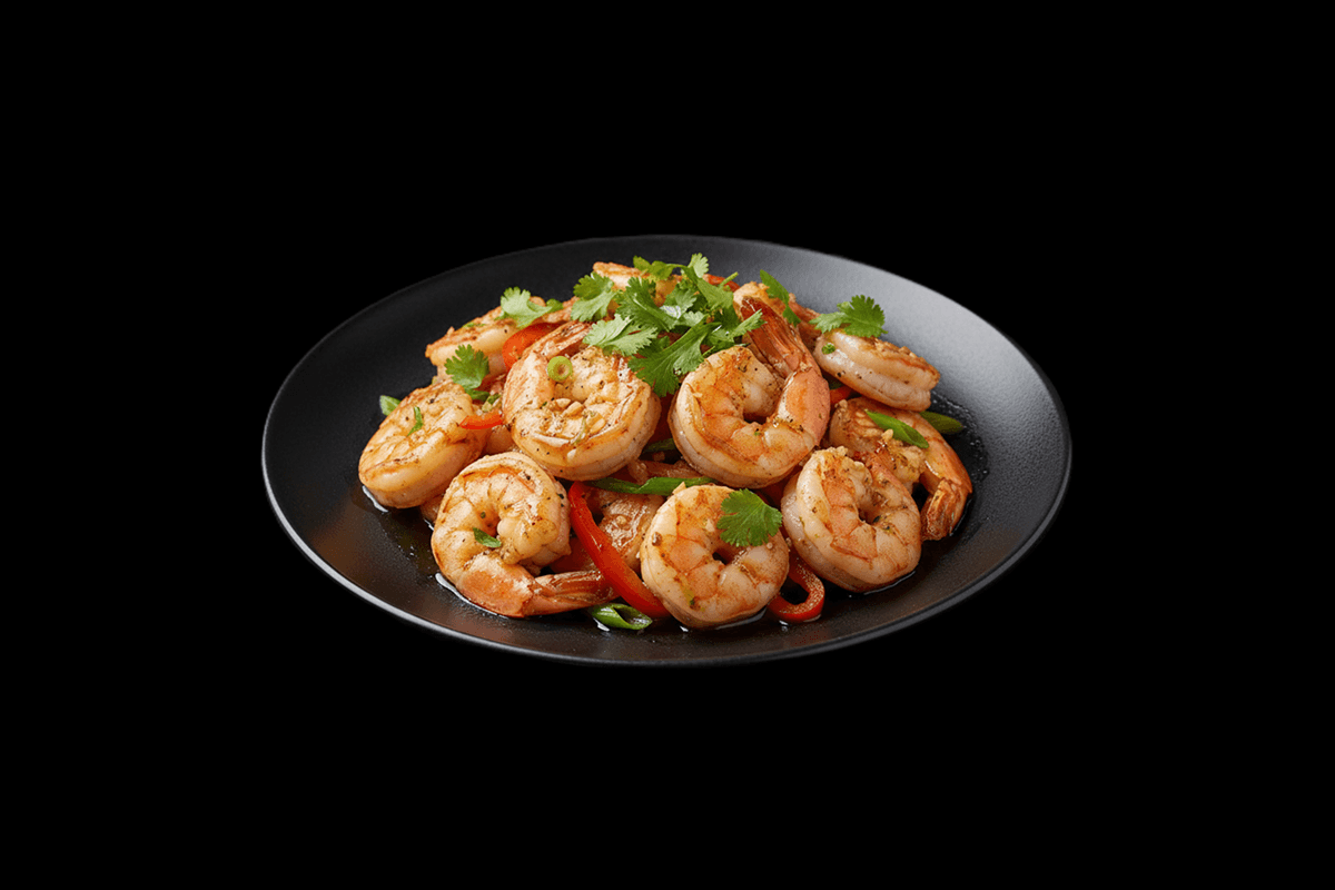 Jingha Ananash — King prawns briskly stir-fried in a light curry sauce, flavoured with pineapple chunks, served in half a pin