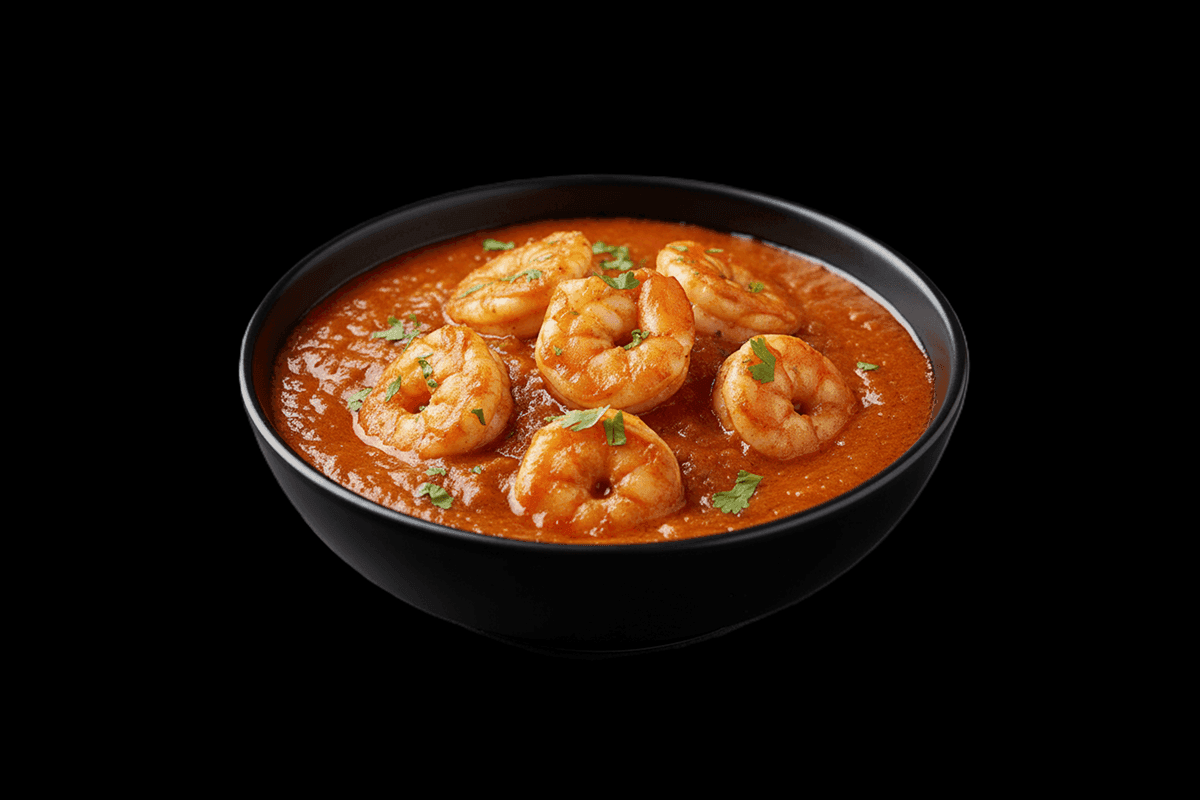 Malabar Chemmeen Curry — Juicy prawns simmered in a vibrant sauce with coconut and fresh curry leaves, GB Canteen Basingstoke
