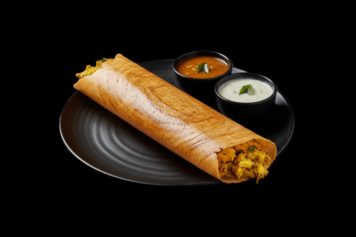 Mysore Masala Dosa — Spicy savoury crepe flavoured with ghee and served with semi-mashed potato masala, GB Canteen Basingstok