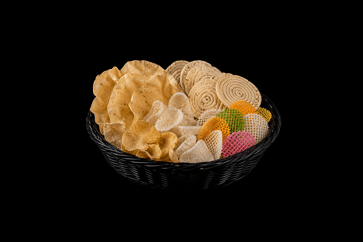 Papadum and Vadiyam Basket — Assortment of plain papadum pieces and vadiyams served with dips, GB Canteen Basingstoke