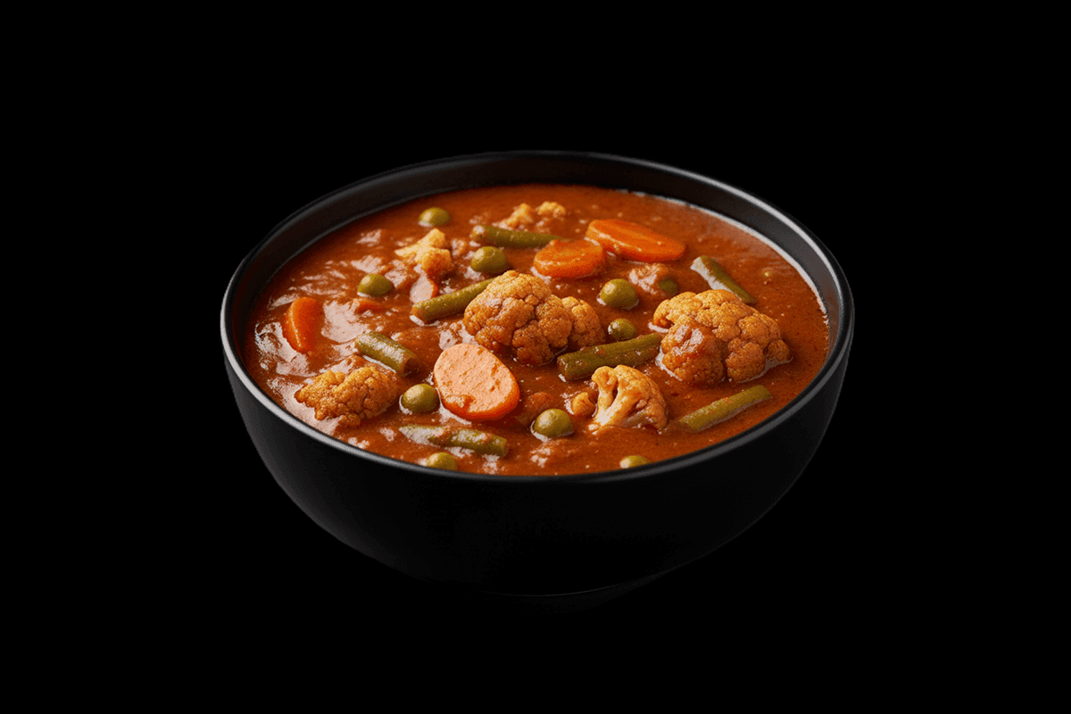 Vegetable Korma — Assorted vegetables steamed and simmered and delicately spiced, served in a mild sauce, GB Canteen Kensal R