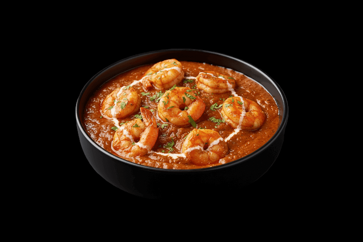 King Prawn Bhuna — King Prawns cooked with onions, tomatoes & green herbs, served in a thick sauce, GB Canteen Kensal Rise