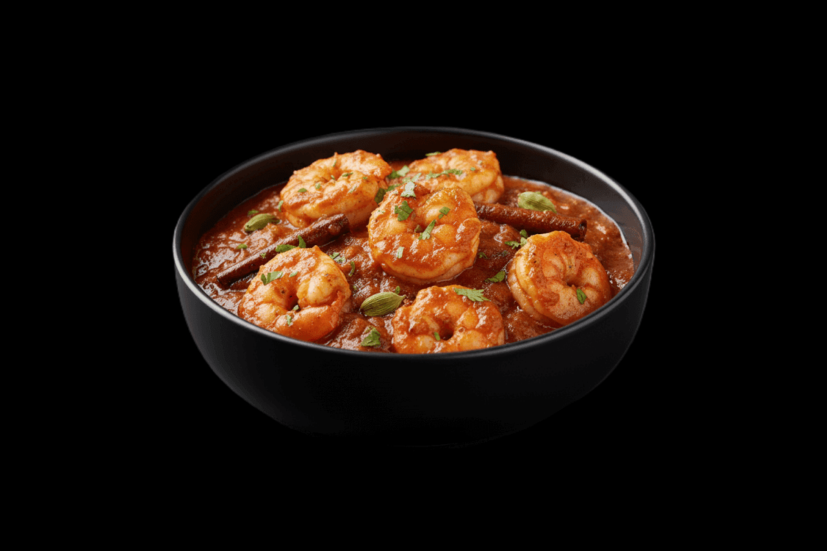 King Prawn Sizzling — Succulent king prawn cooked with spinach, butter, special herbs and spices. Served in an iron korahi, G