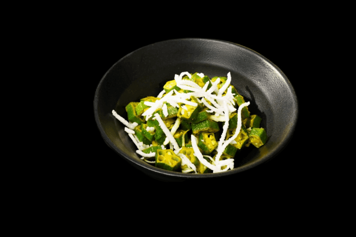 Bhindi Bhaji — Fresh okra cooked with onions, tomatoes and traditional Indian spices, GB Canteen Bexhill