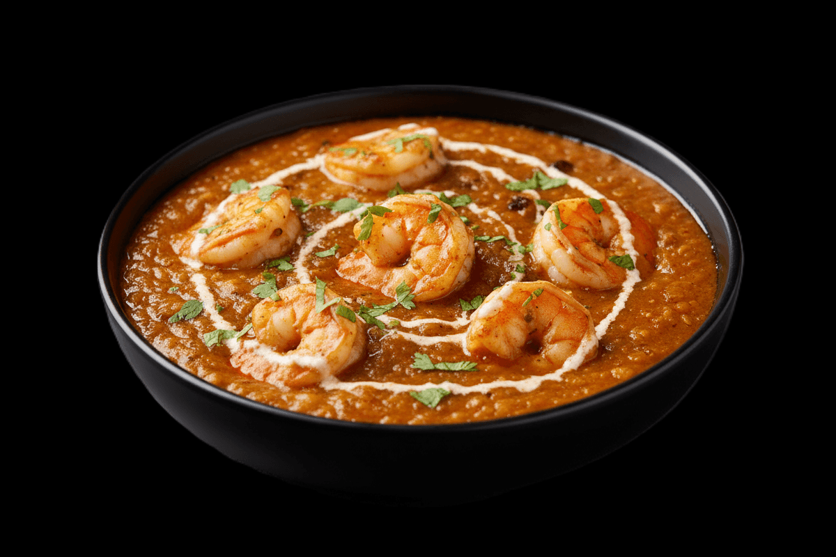 Dhansak - Prawn — Cooked with dall, fenugreek leaves and lemon to make a savoury, sweet & sour, hottish dish. Served with ric