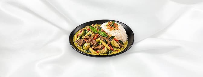Thai Green Curry Beef — Spicy green curry homemade with Thai Eggplant & bamboo shoot. available. Served with rice, GB Canteen