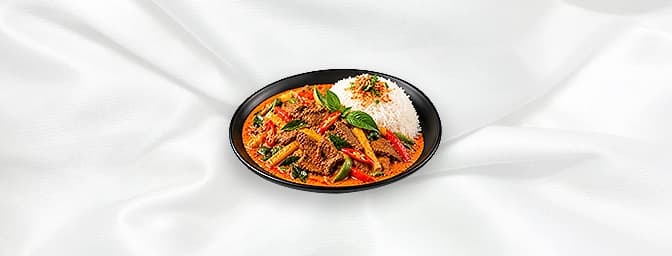 Thai Red Curry Beef — Aromatic red curry with bamboo shoot, red & green peppers. available. Served with rice, GB Canteen Orpi