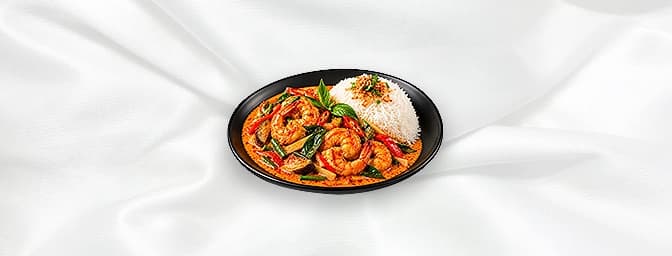 Thai Red Curry Prawn — Aromatic red curry with bamboo shoot, red & green peppers. available. Served with rice, GB Canteen Orp