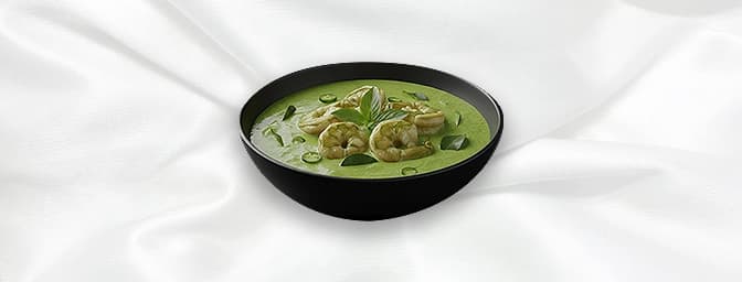 Thai Green Curry Prawn — Spicy green curry homemade with Thai Eggplant & bamboo shoot. available. Served with rice, GB Cantee