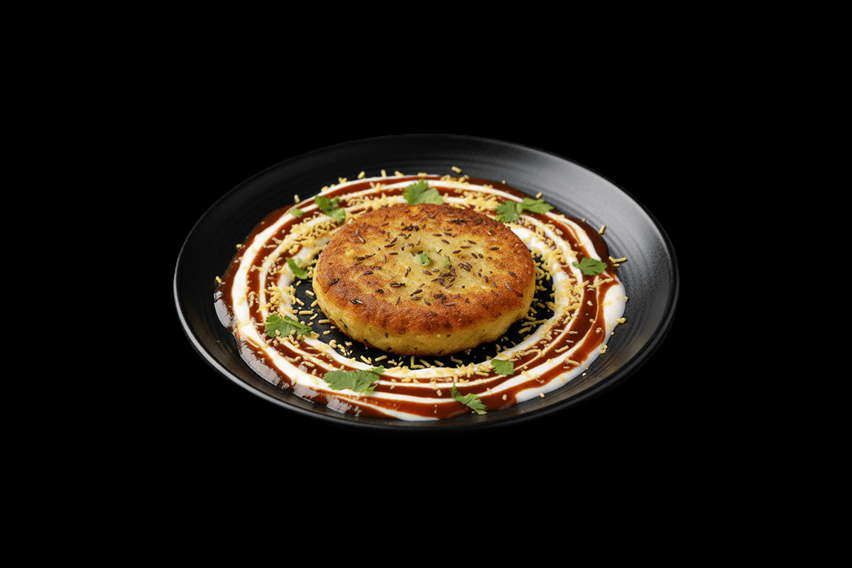 Aloo Tikki — Fried potato patties, infused in aromatic spices, yoghurt, garnished with crunchy sev, coriander, GB Canteen Cha