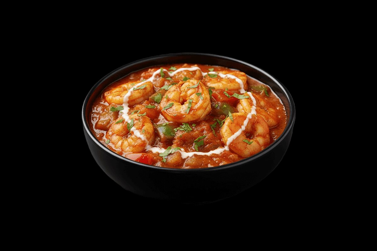 King Prawn Karahi — Cooked with onion, capsicum and tomato and tossed in a sizzling Iron karahi, GB Canteen Kensal Rise
