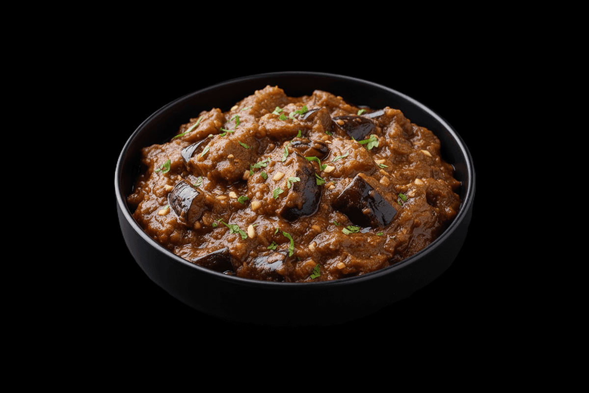Brinjal Bhaji — Aubergine cooked with onions, tomatoes and aromatic spices, GB Canteen Bexhill