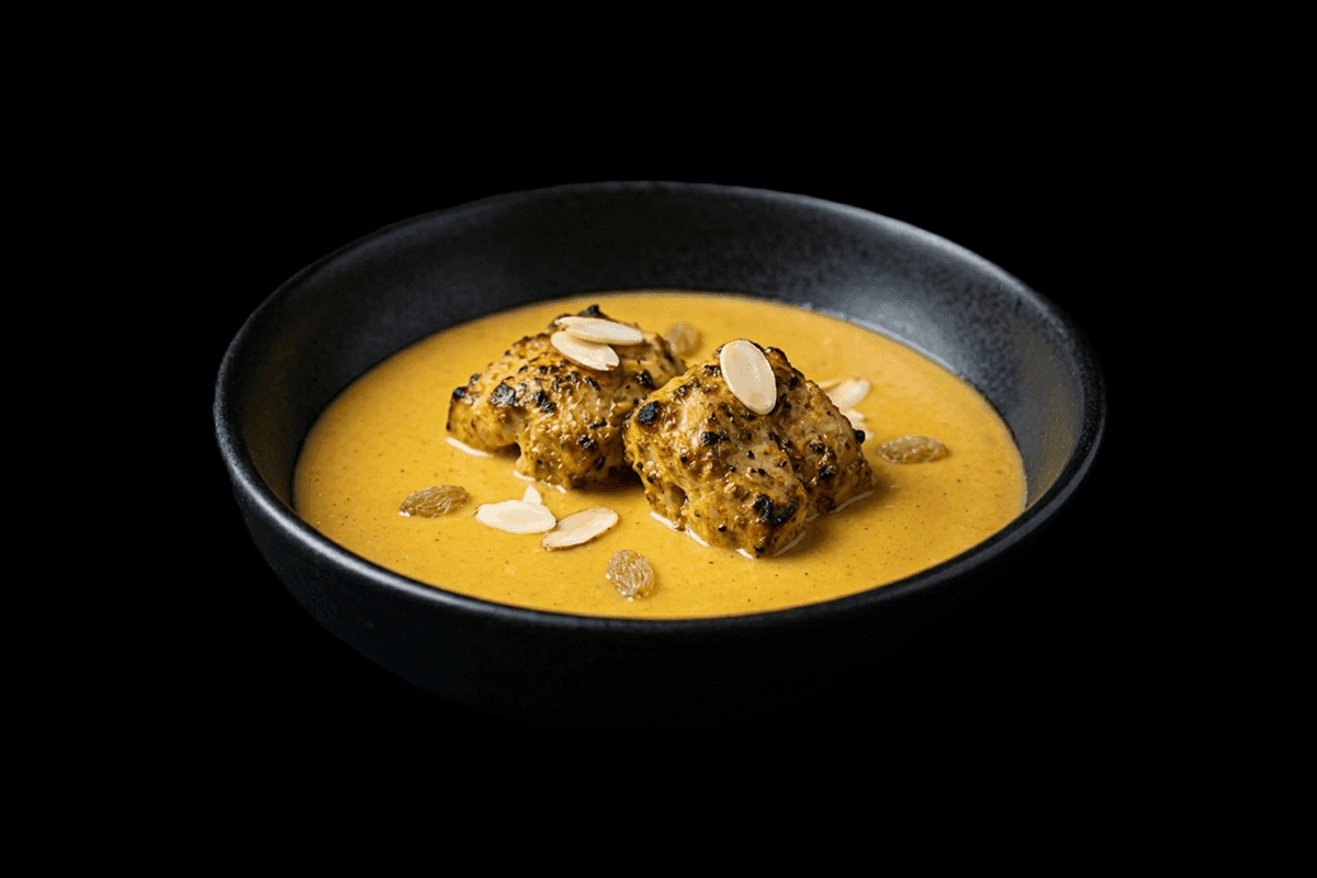 Tikka Mossalla — Pieces of lamb or chicken cooked in the traditional tikka style, then cooked again in a creamy sauce, GB Can