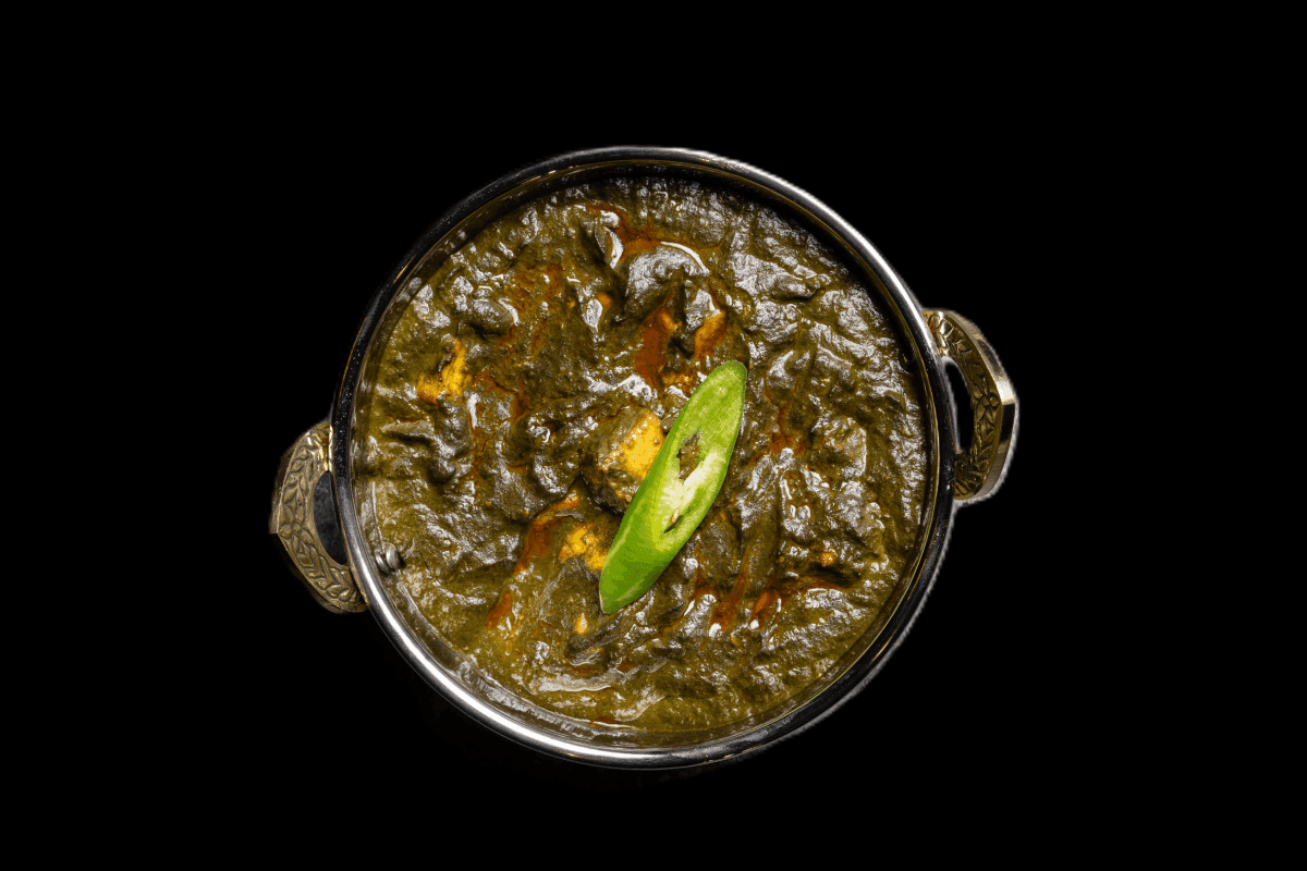 Saagwala — This dish can be served using either chicken, lamb, king prawns or prawns with fresh spinach and rainbow chards to