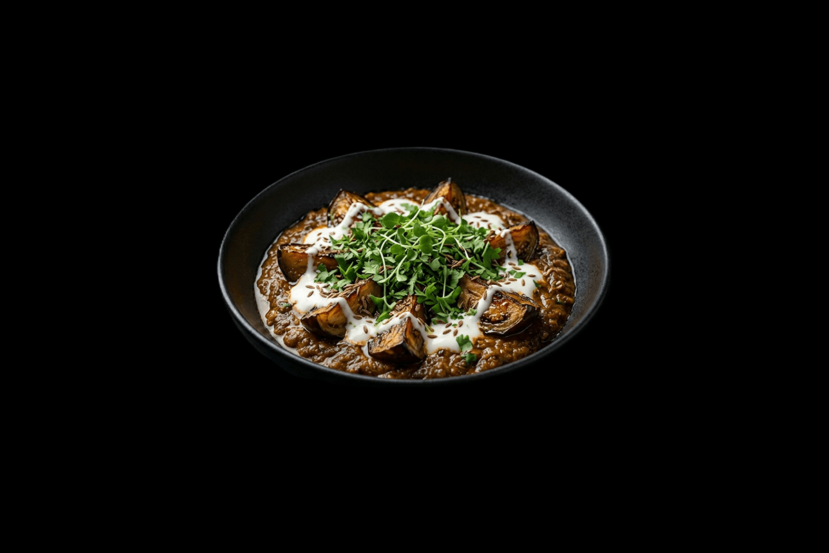 Badaal Jaam — An exotic and colourful Aubergine delicacy topped with yoghurt and coriander, GB Canteen Chandler Ford