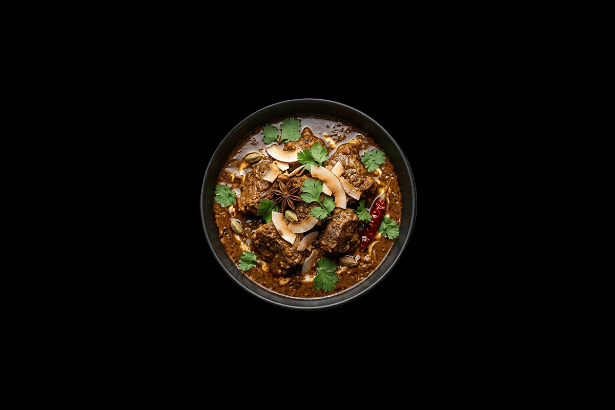 Gosht Xacuti — Very popular Goan dish. Lamb cooked with roasted aromatic fennel seeds, cloves of garlic & other Indian spices