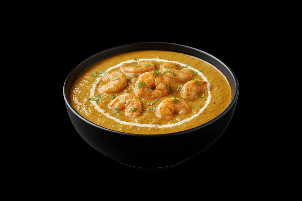 Korma - King Prawn — King prawn combined in a mild, nutty, golden, creamy sauce, GB Canteen Liss