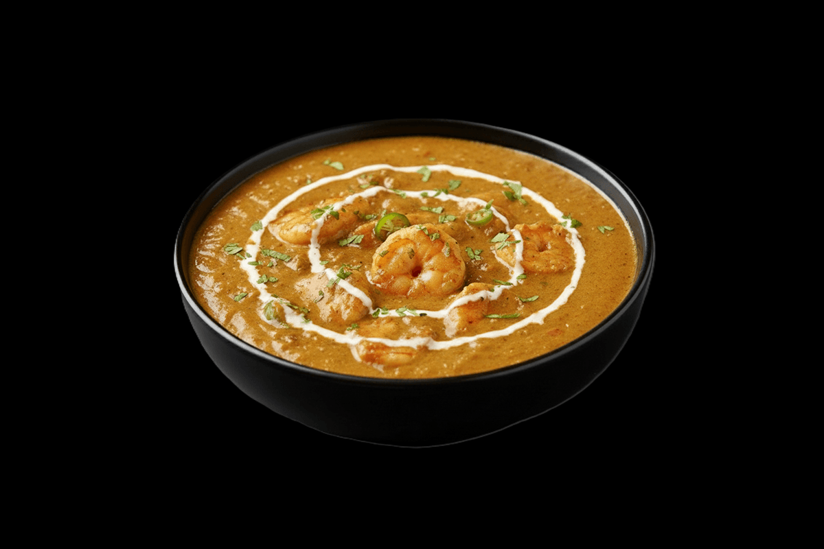 Prawn Korma — Prawns cooked with coconut, almonds, fresh cream and served in a mild sauce, GB Canteen Kensal Rise