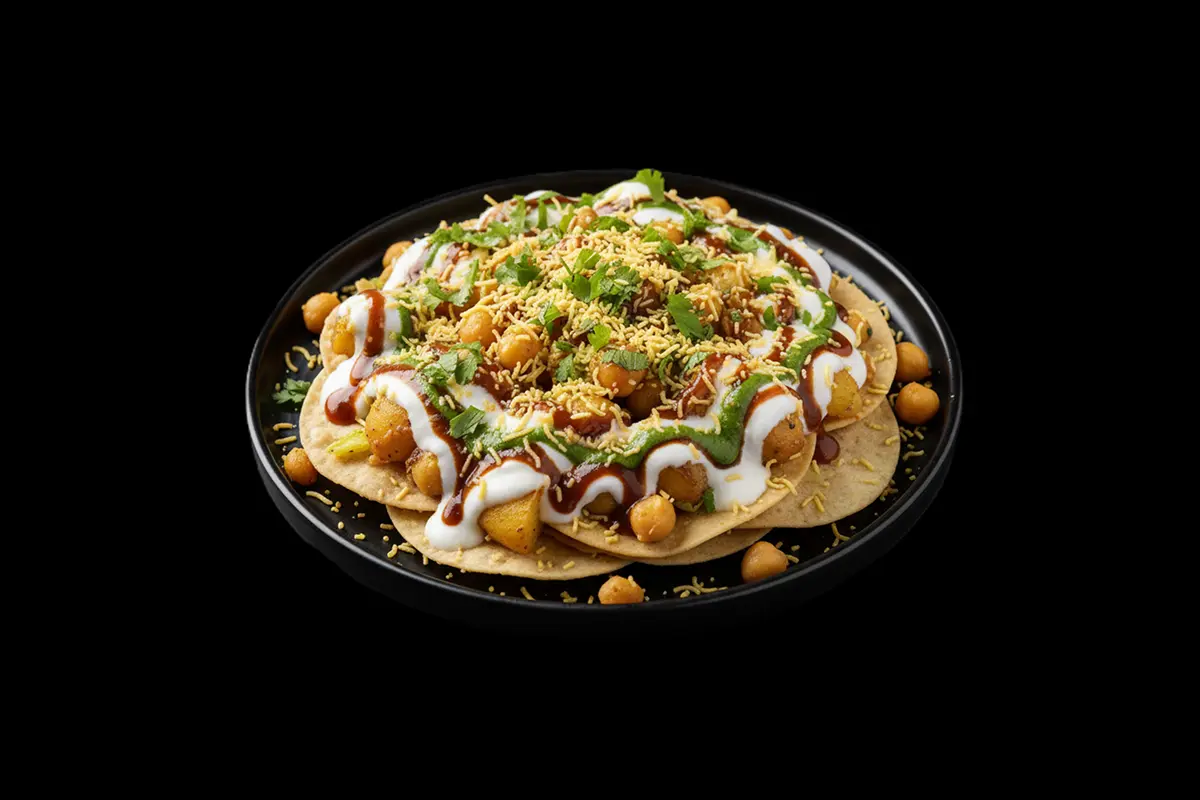 Aloo Papdi Chaat — Street food favourite of fried wheat crisps, gram flour vermicelli, potato, red onion, drizzled with yoghu