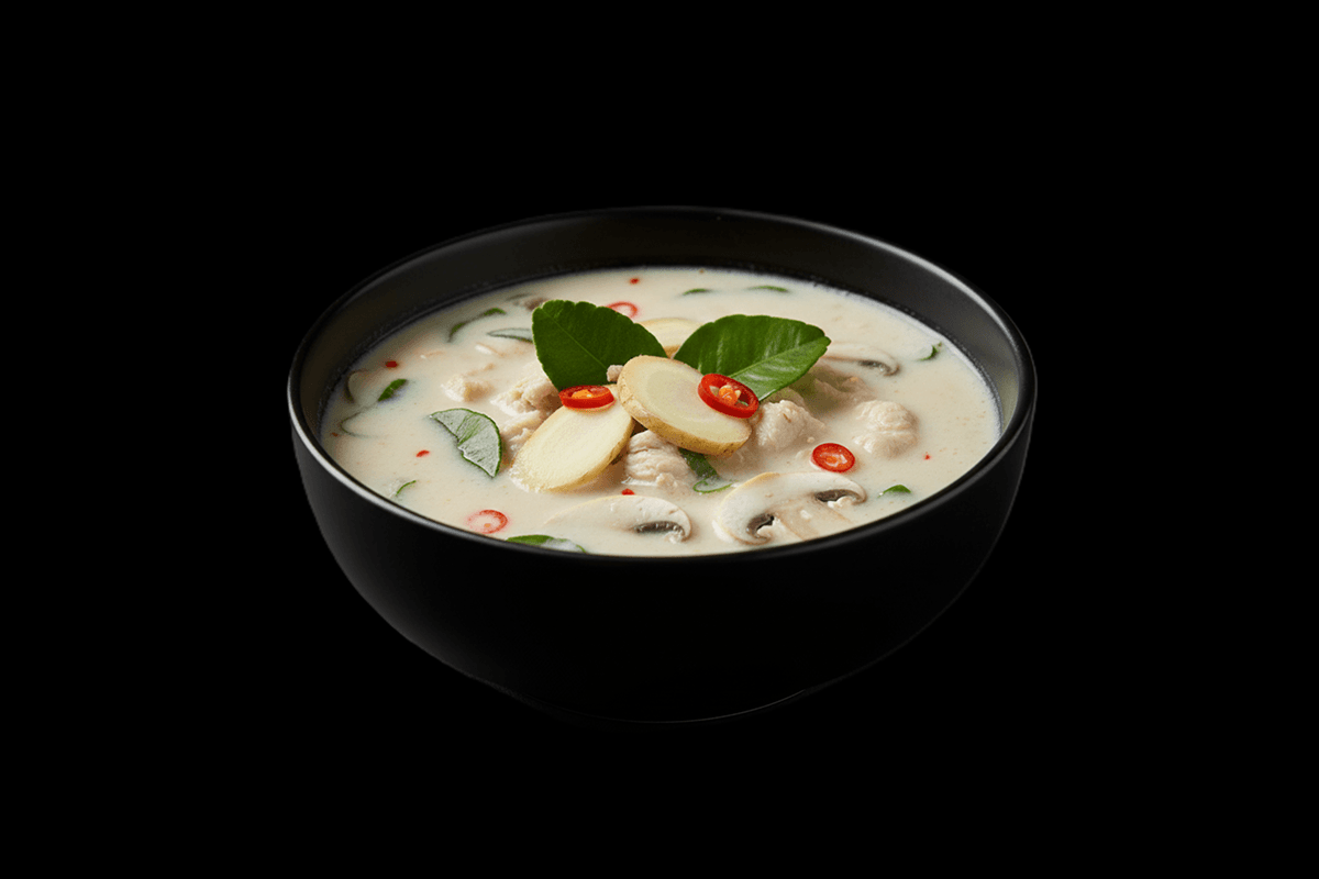 Chicken Tom Khaa — Coconut soup with galangal, lemongrass, lime leaves, mushroom & chilli, GB Canteen Petts Wood Thai