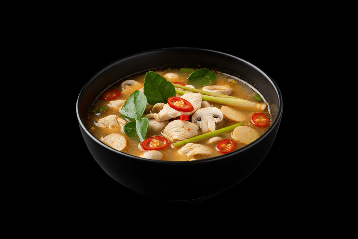 Chicken Tom Yum — Spicy & sour soup with galangal, lemongrass, Thai chilli & lime leaves, GB Canteen Petts Wood Thai