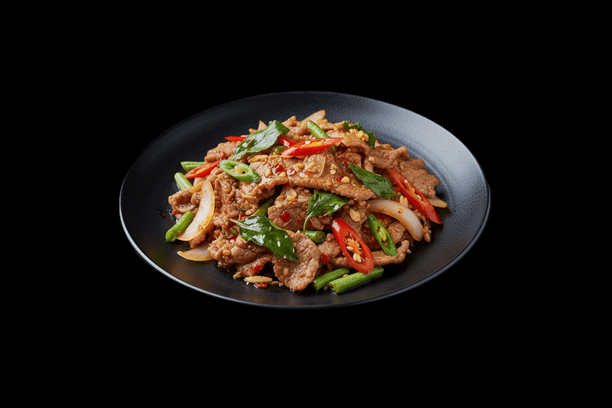Pad Krapraw — Stir-fried with holy basil, garlic, fresh chilli, onions, peppers & green beans, GB Canteen Petts Wood Thai