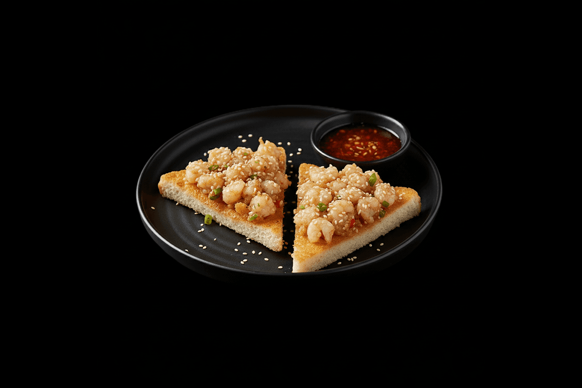 Prawn on Toast — Minced prawns with garlic, pepper & coriander root on toast, GB Canteen Petts Wood Thai