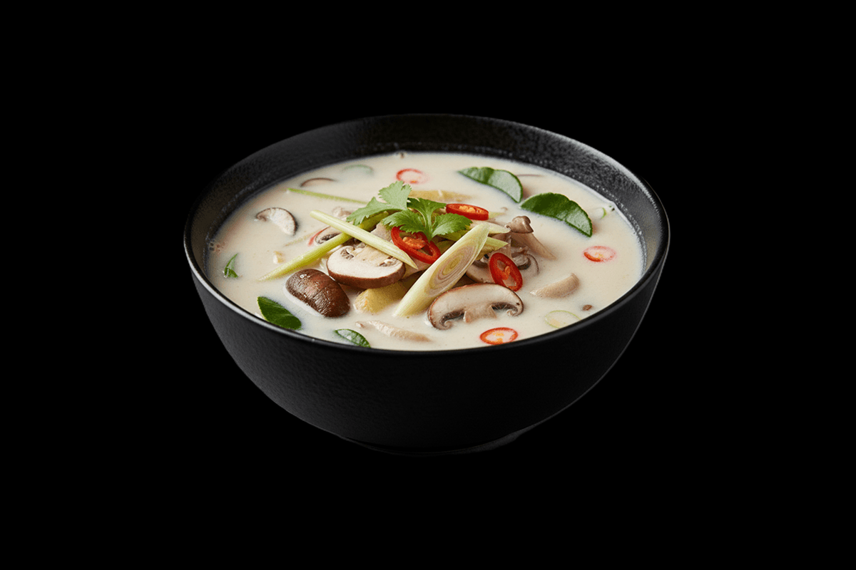 Veg Tom Khaa — Coconut soup with galangal, lemongrass, lime leaves, mushroom & chilli, GB Canteen Petts Wood Thai