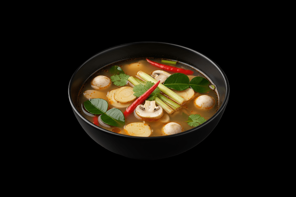 Veg Tom Yum — Spicy & sour soup with galangal, lemongrass, Thai chilli & lime leaves, GB Canteen Petts Wood Thai