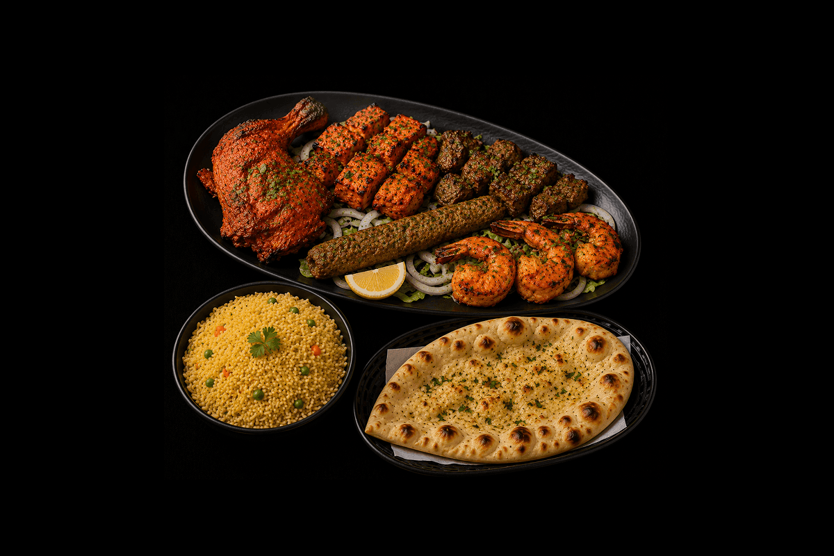 Tandoori Thali — Tandoori chicken, chicken tikka, lamb tikka, sheek kebab, tandoori king prawn, pilau rice & nan, GB Canteen 