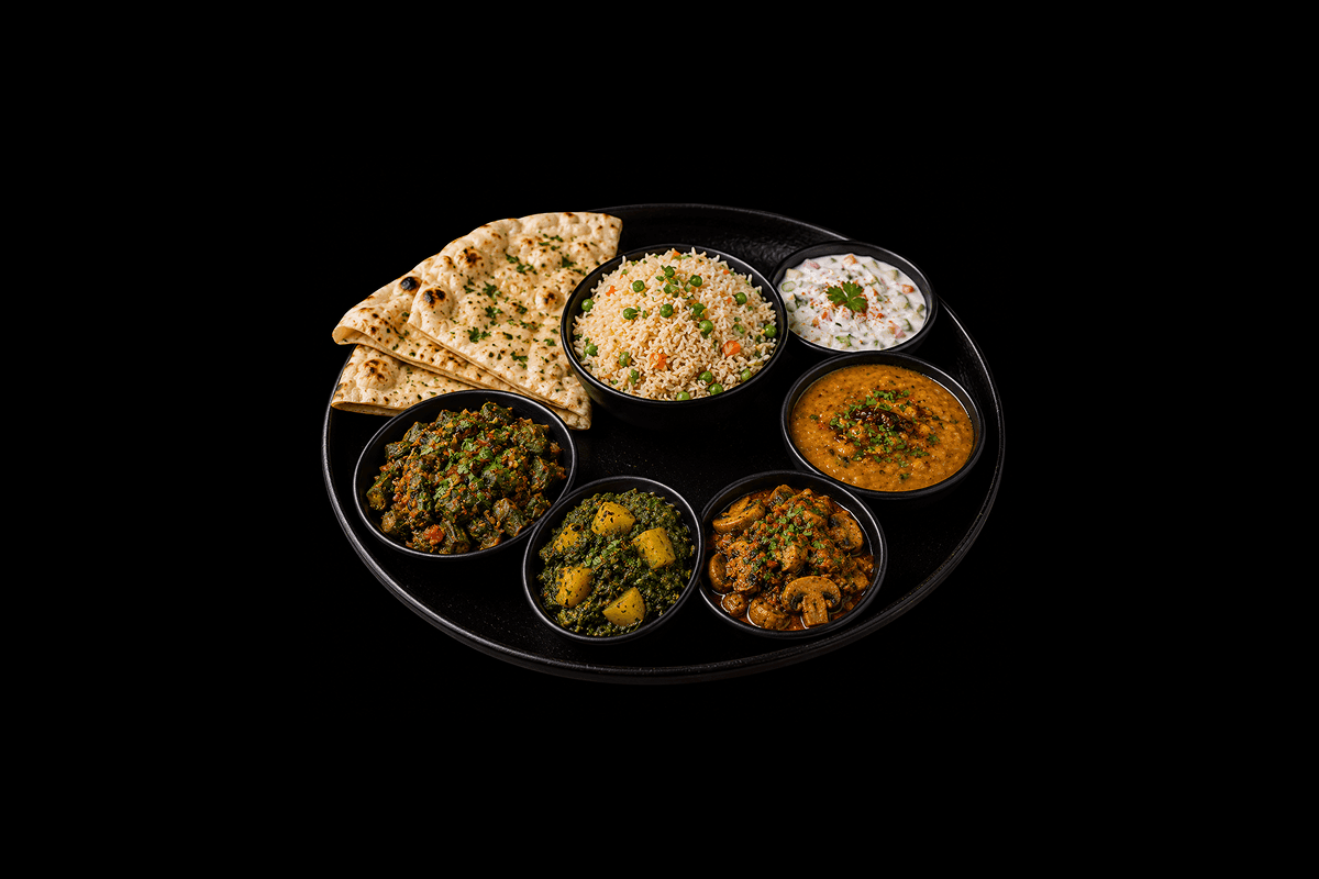 Vegetable Thali — Shabji bhar, aloo gobi, dall mossalla, chana mossalla, onion bhaji, pilau rice & nan, GB Canteen Bushey