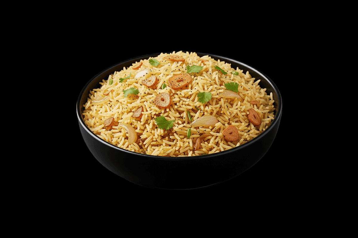 Garlic Rice — Basmati rice cooked with fresh garlic, GB Canteen Wanstead
