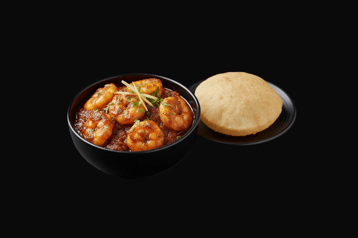 Prawn On Puri — Prawns served on puri, zingingly medium spiced drizzled with Lebu dressing and served with crispy salad. . On