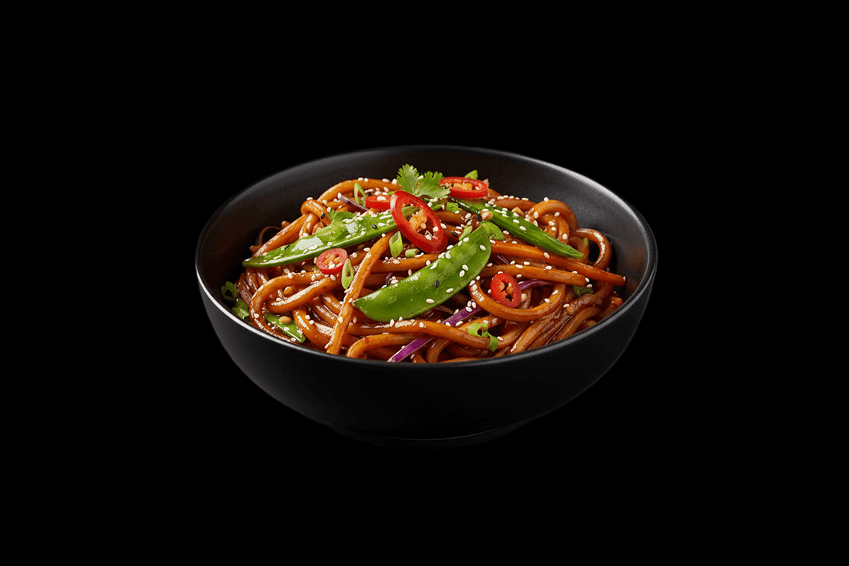Chilli Udon Fusion Chicken Noodles — Thai-style udon noodles with seasonal vegetables & fresh chillies, GB Canteen Swanley Th