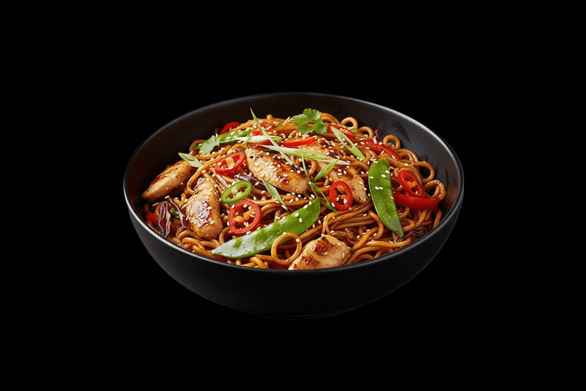 Chilli Yaki Soba Fusion Chicken Noodles — Thai-style yaki soba noodles with seasonal vegetables & fresh chillies, GB Canteen 
