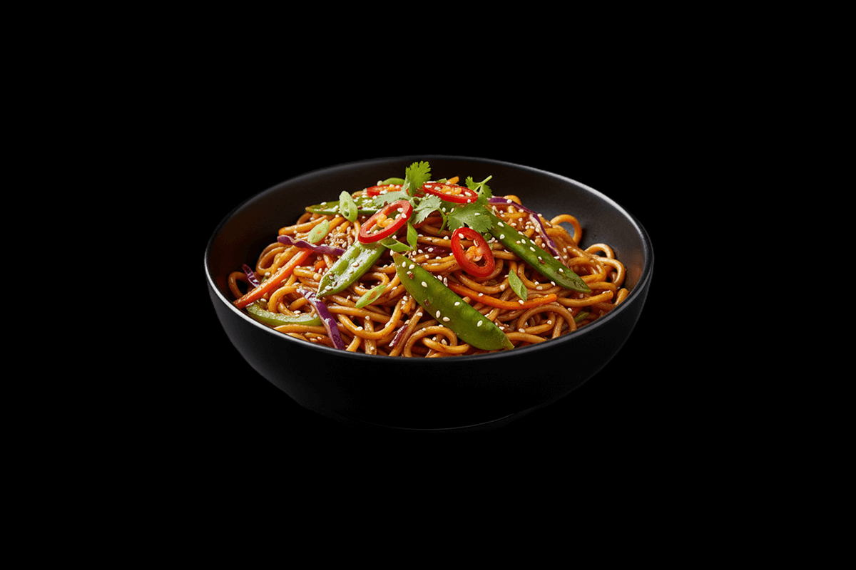 Chilli Yaki Soba Fusion Veg Noodles — Thai-style yaki soba noodles with seasonal vegetables & fresh chillies, GB Canteen Swan