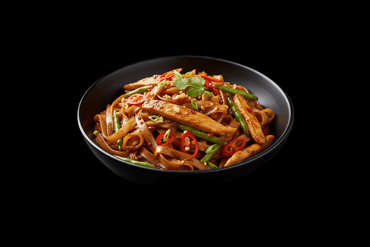 Drunken Chicken Noodles — Spicy stir-fried flat noodles with chilli, long beans & vegetables, GB Canteen Swanley Thai