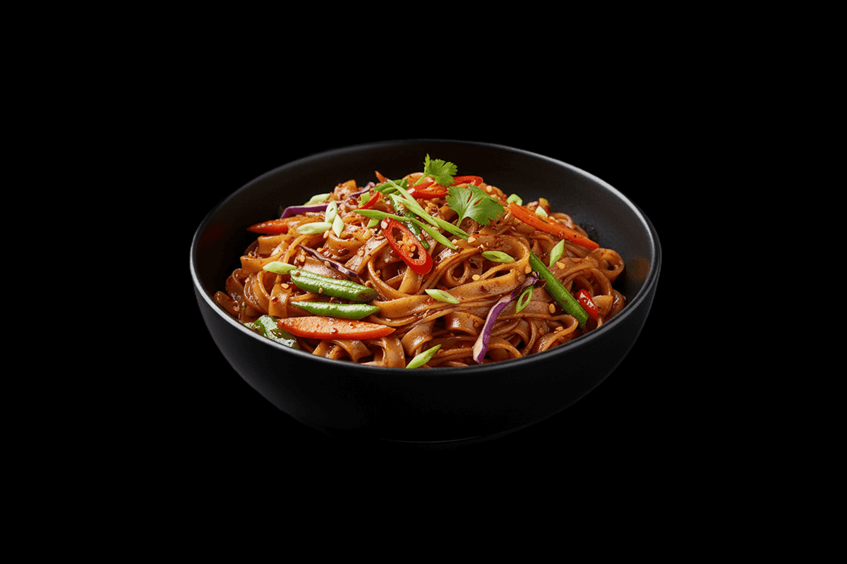 Drunken Veg Noodles — Spicy stir-fried flat noodles with chilli, long beans & vegetables, GB Canteen Swanley Thai