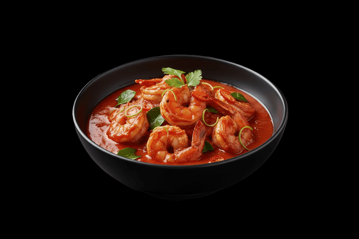 Goong Choo Chee — Stir-fried black tiger prawns with spicy red curry paste & lemon leaf, GB Canteen Swanley Thai