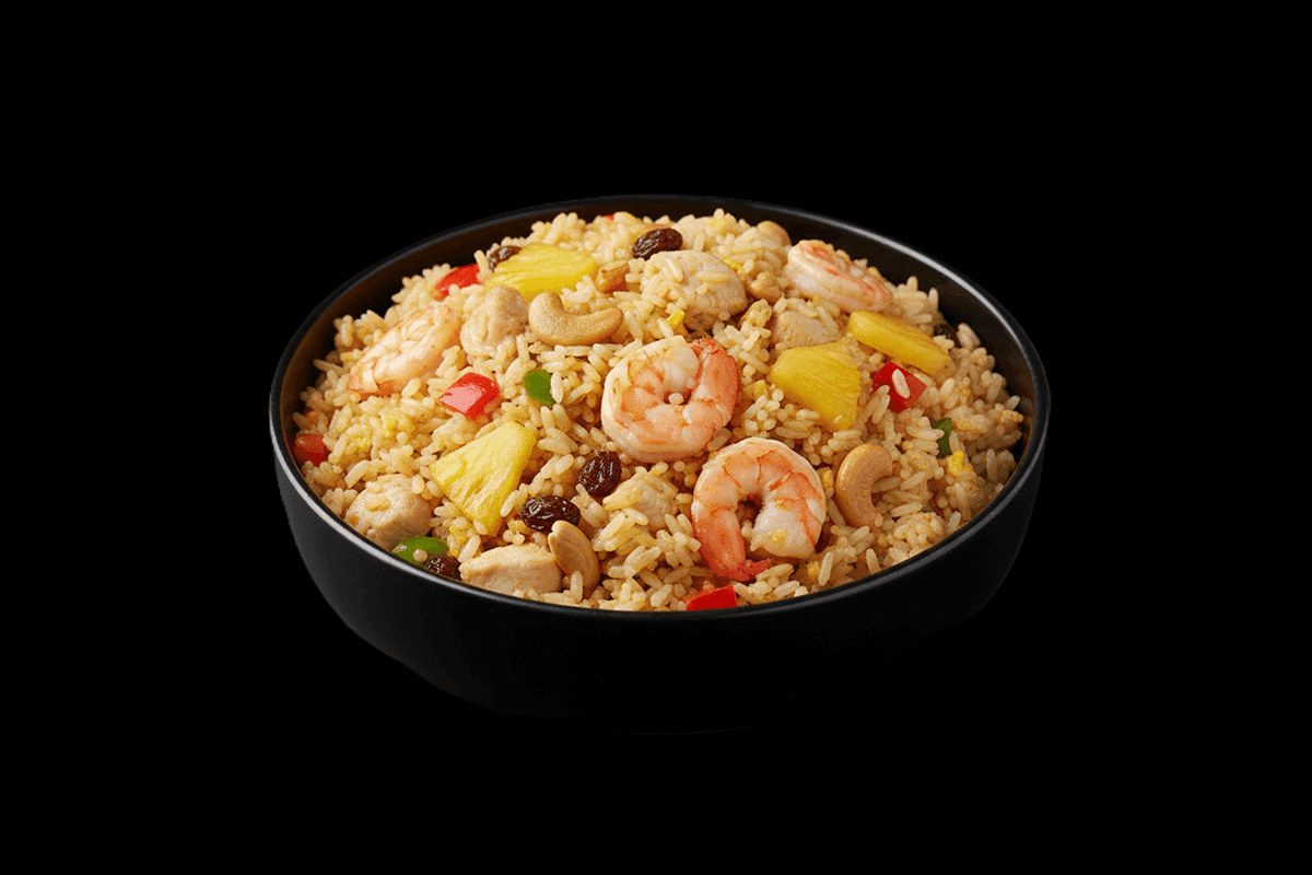 Khao Pad Sapparod — Pineapple fried rice with prawn, egg & roasted cashew nuts, served in pineapple bowl, GB Canteen Swanley 