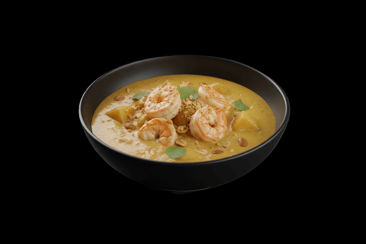 Massaman Prawn Curry — Smooth yellow curry with peanuts & potatoes, GB Canteen Swanley Thai