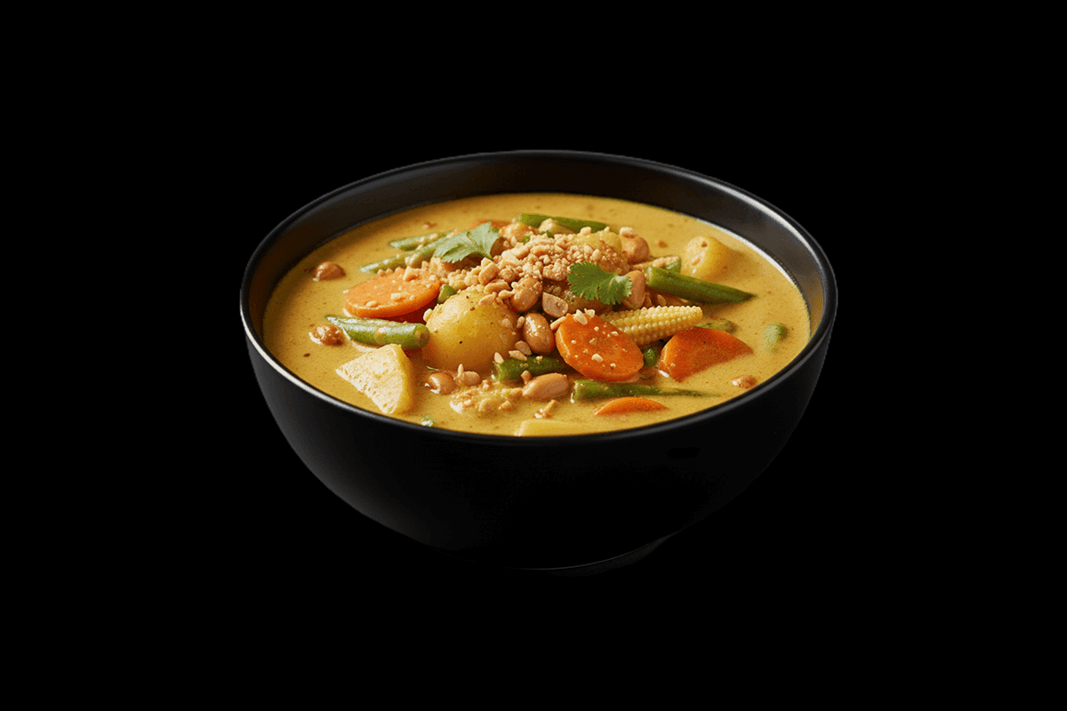Massaman Veg Curry — Smooth yellow curry with peanuts & potatoes, GB Canteen Swanley Thai
