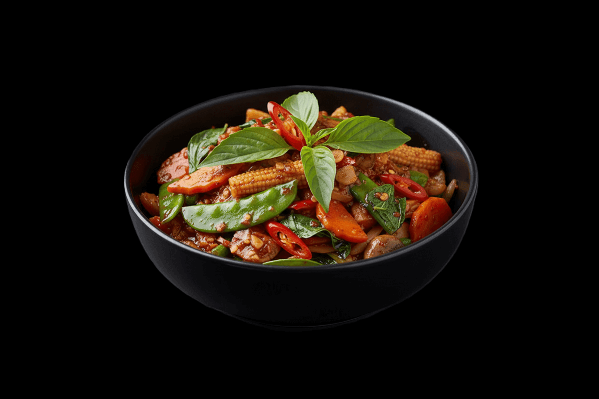 Pad Kra-Praw Veg — Spicy & fragrant stir-fried curry with Thai basil & holy basil, GB Canteen Swanley Thai