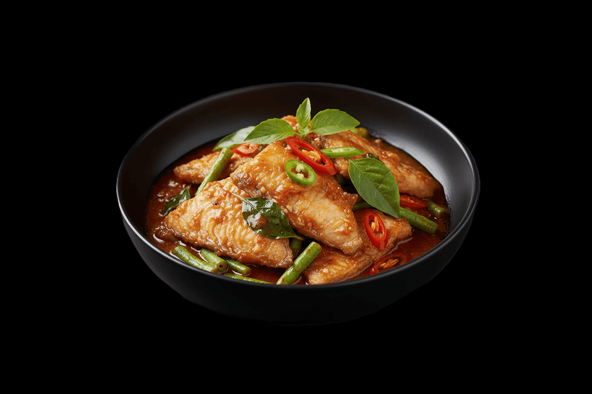 Pad Ped Pla — Fresh fried tilapia fish with fresh chillies, fine beans & holy basil, GB Canteen Swanley Thai