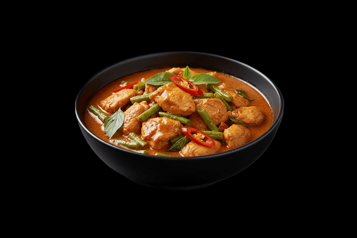 Pad Ped Spicy Chicken — Stir-fried curry with fresh chillies, fine beans & holy basil, GB Canteen Swanley Thai