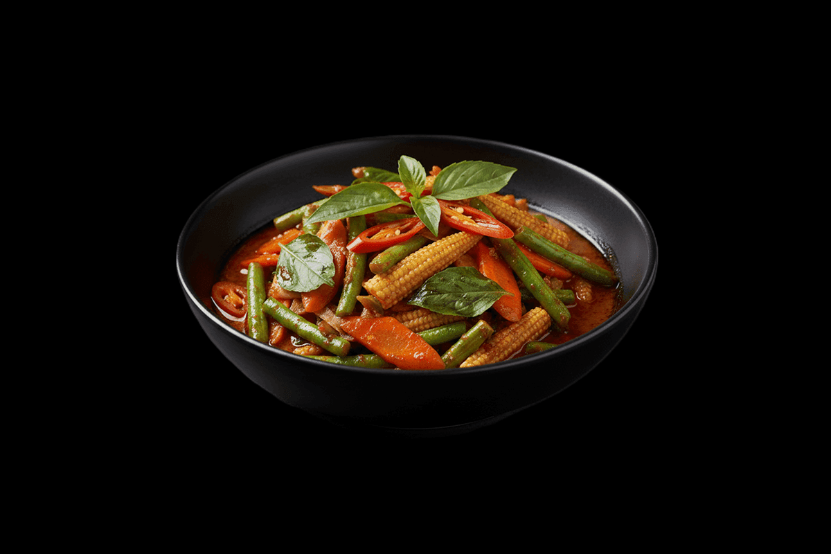 Pad Ped Spicy Veg — Stir-fried curry with fresh chillies, fine beans & holy basil, GB Canteen Swanley Thai
