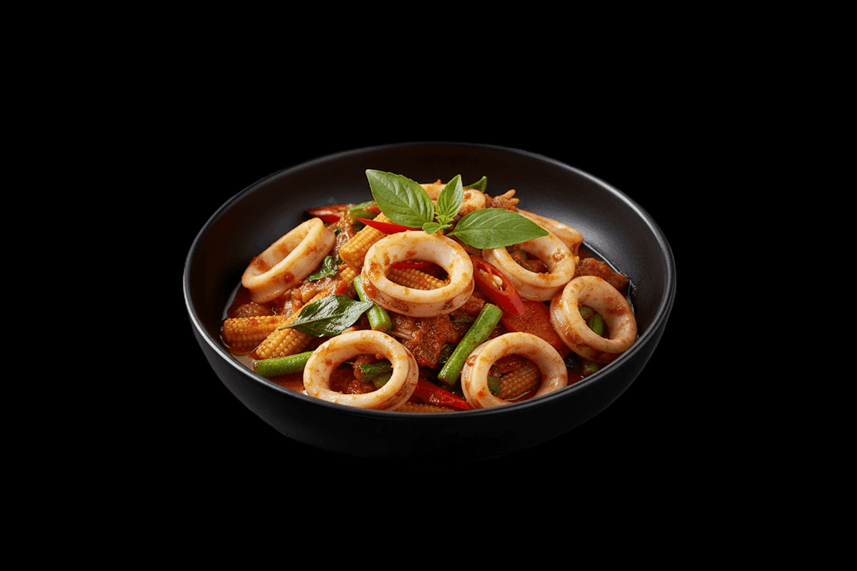 Plamuk Phad Ped — Stir-fried squid with red curry paste, Thai vegetables & holy basil, GB Canteen Swanley Thai